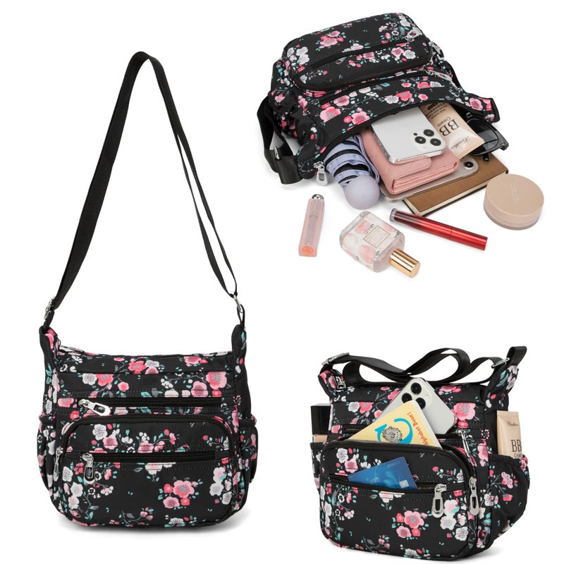 Nawoshow Nylon Floral Multi-Pocket Crossbody Purse Bags for Women Travel Shoulder Bag (Pink Flower) - Image 5